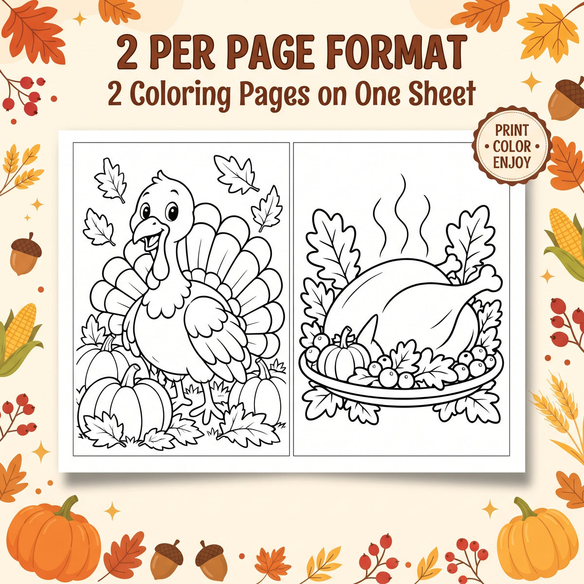 Thanksgiving Coloring Pages for Kids, 25 Printable Thanksgiving Colouring Sheets, Fall Harvest Activity, Turkey Pumpkin Coloring Book