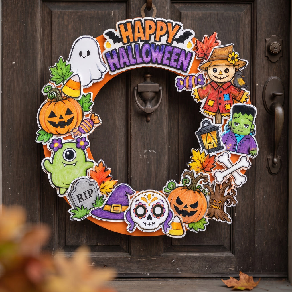 Halloween Wreath Craft for Kids, Printable Cut and Paste Wreath, Halloween Cutouts, Color Cut Glue Activity, Preschool Classroom Craft