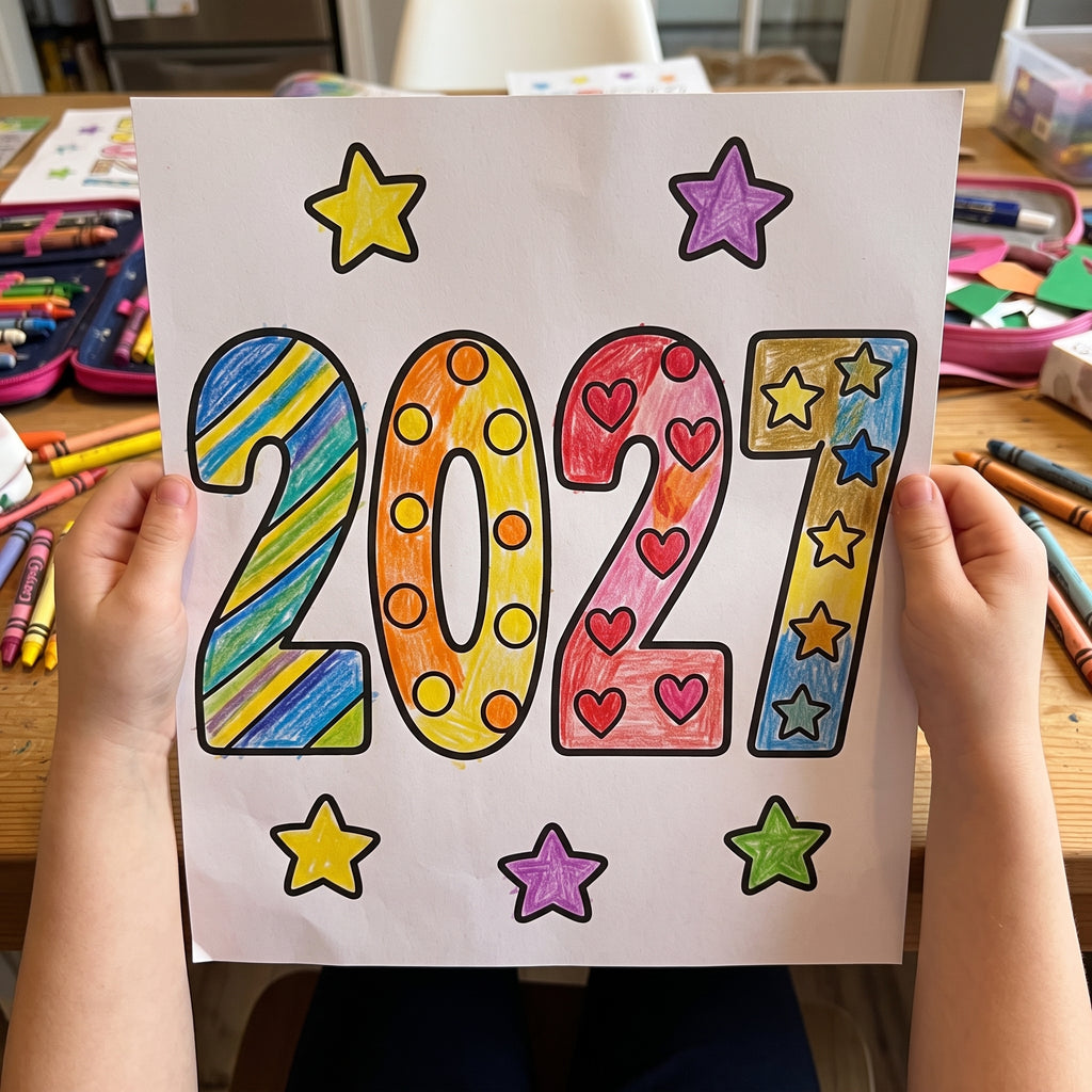 New Year 2027 Coloring Pages for Kids, 26 Printable Happy New Year Colouring Sheets, New Years Eve Party Activity, Winter Classroom Printable