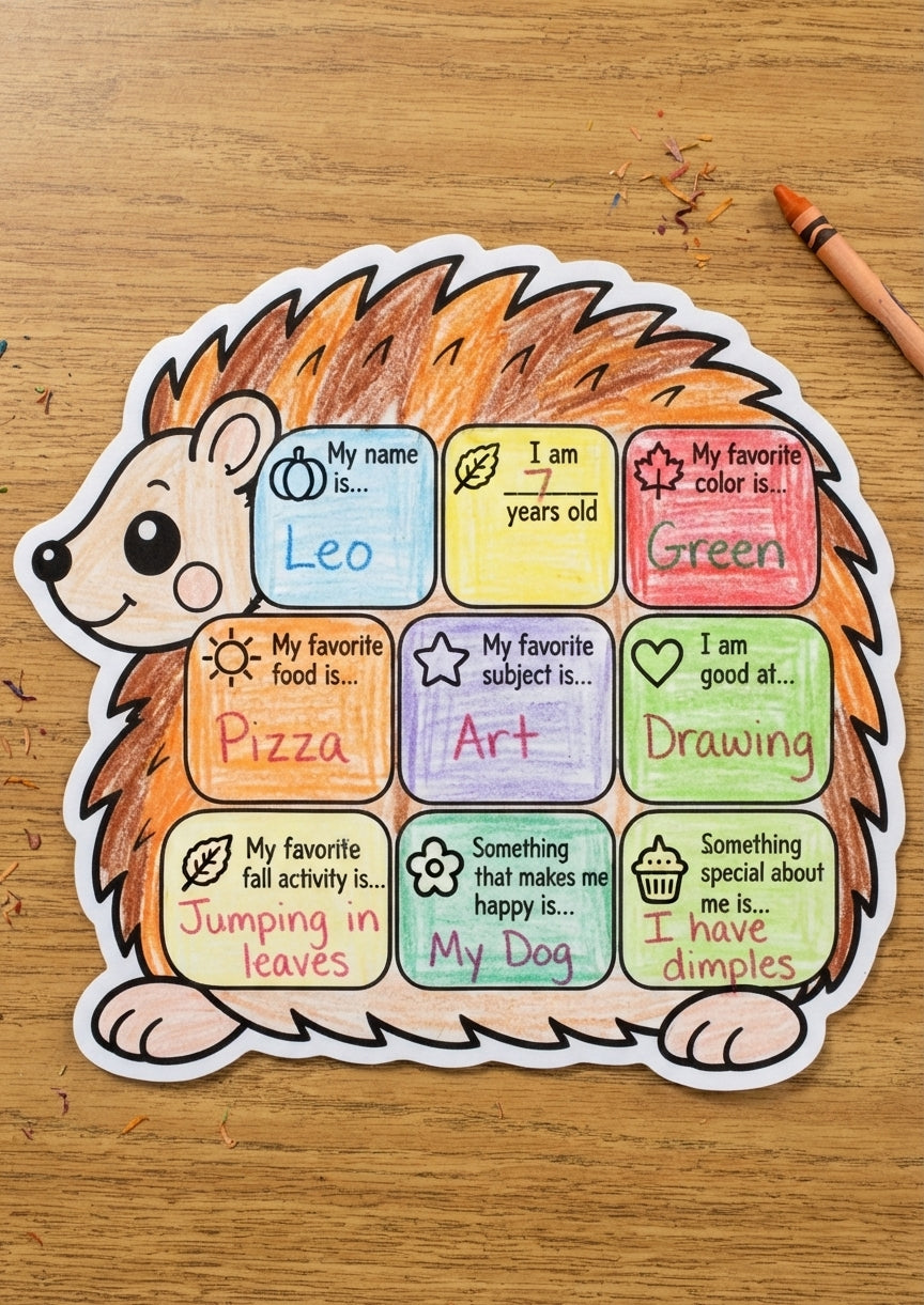 All About Me Fall Worksheet, Hedgehog Printable for Kids, Autumn Classroom Activity, Fall Bulletin Board Craft, Student Introduction