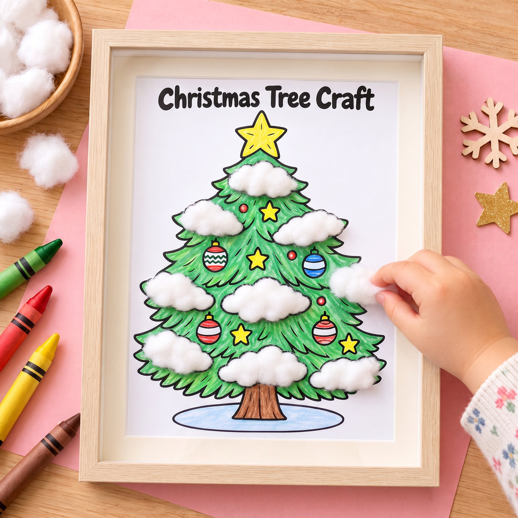 Christmas Tree Cotton Ball Craft | Christmas Coloring Page for Kids | Winter Fine Motor Activity | Preschool Printable