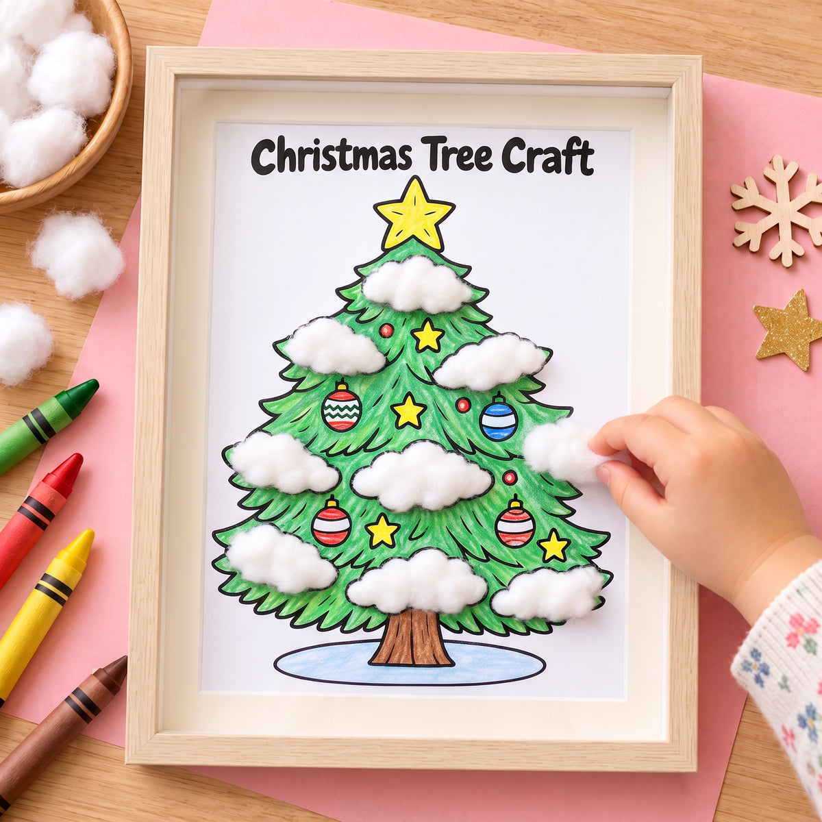 Christmas Tree Cotton Ball Craft | Christmas Coloring Page for Kids | Winter Fine Motor Activity | Preschool Printable