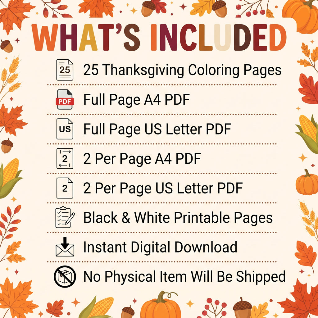 Thanksgiving Coloring Pages for Kids, 25 Printable Thanksgiving Colouring Sheets, Fall Harvest Activity, Turkey Pumpkin Coloring Book