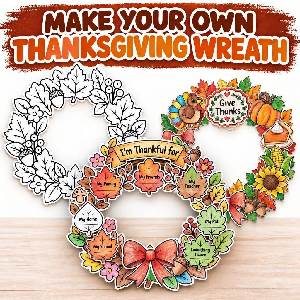 Thanksgiving Wreath Craft for Kids, Build a Thanksgiving Wreath, Fall Cut and Paste Craft, Thanksgiving Classroom Activity, Printable Wreath Craft