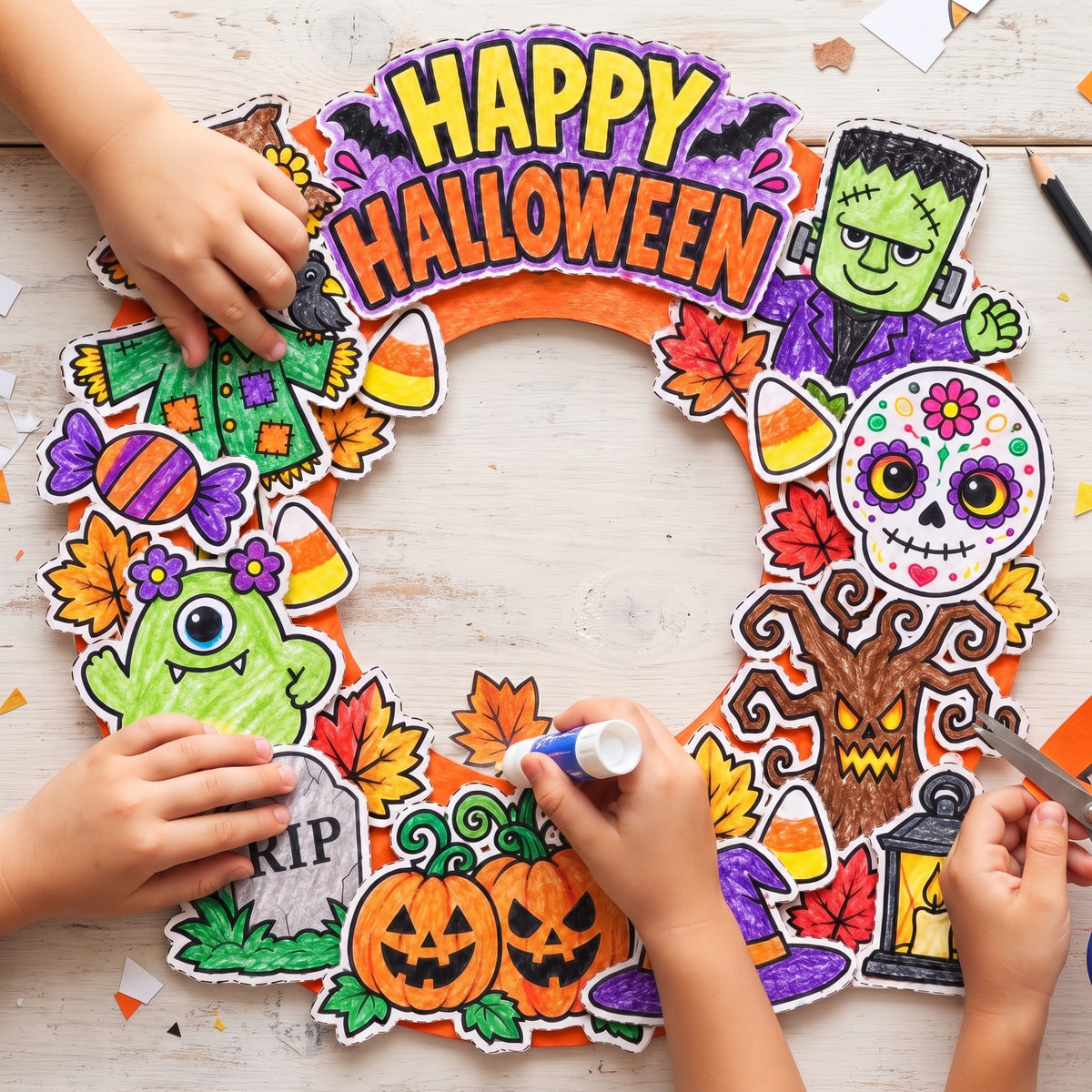 Halloween Wreath Craft for Kids, Printable Cut and Paste Wreath, Halloween Cutouts, Color Cut Glue Activity, Preschool Classroom Craft
