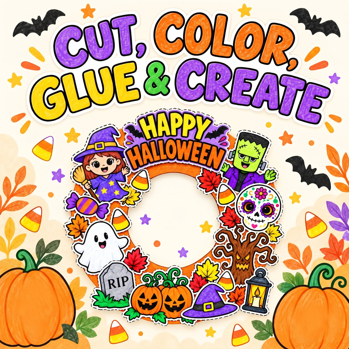 Halloween Wreath Craft for Kids, Printable Cut and Paste Wreath, Halloween Cutouts, Color Cut Glue Activity, Preschool Classroom Craft