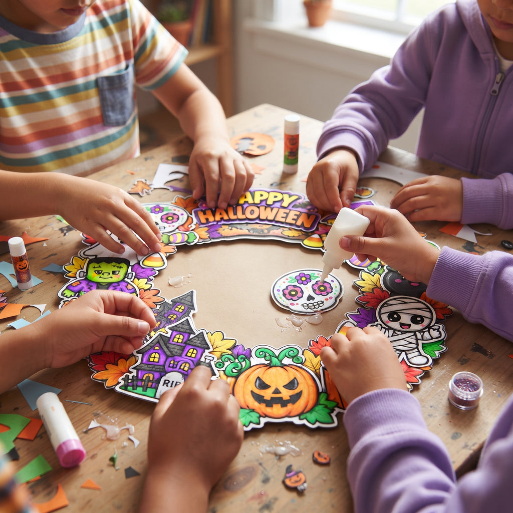Halloween Wreath Craft for Kids, Printable Cut and Paste Activity, 7-Page Halloween Cutouts, Preschool Classroom Craft