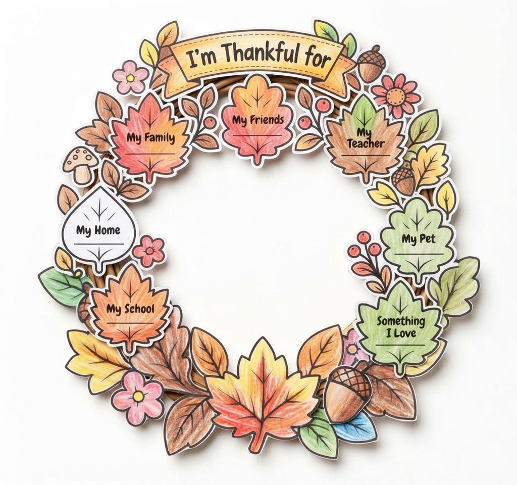 Thanksgiving Wreath Craft for Kids, Build a Thanksgiving Wreath, Fall Cut and Paste Craft, Thanksgiving Classroom Activity, Printable Wreath Craft