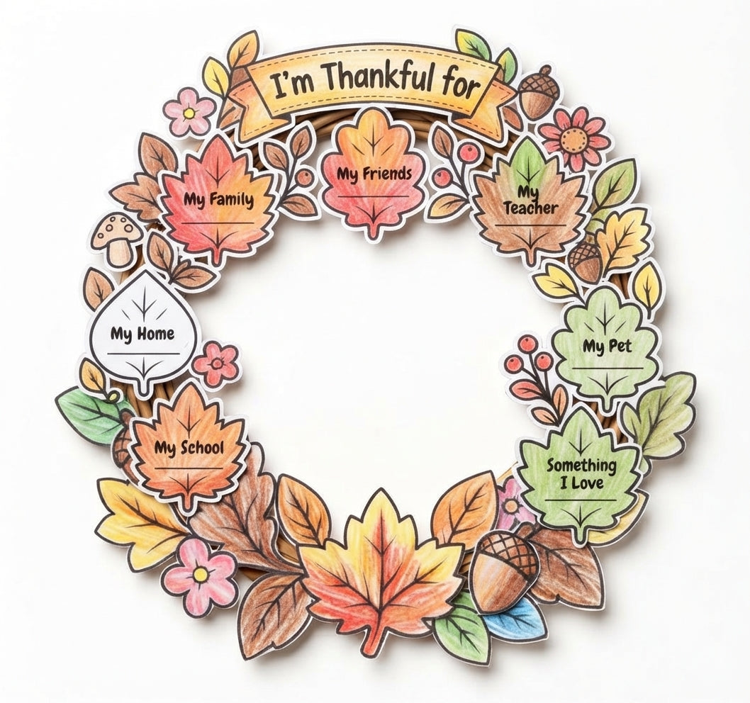 Thanksgiving Wreath Craft for Kids, Build a Thanksgiving Wreath, Fall Cut and Paste Craft, Thanksgiving Classroom Activity, Printable Wreath Craft