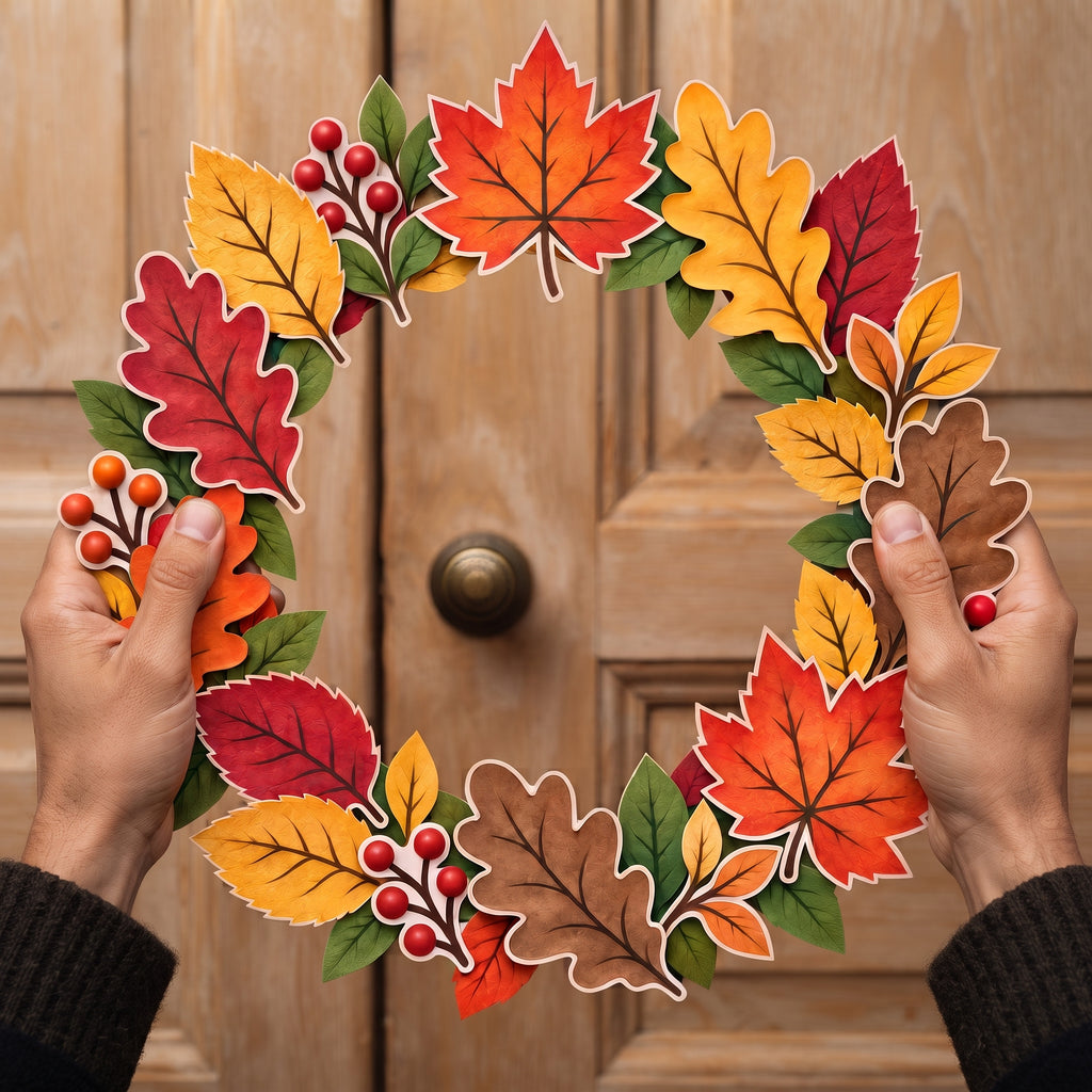 Autumn Wreath Craft Printable, Fall Leaves & Flowers Cut Out Template, Kids Coloring Activity