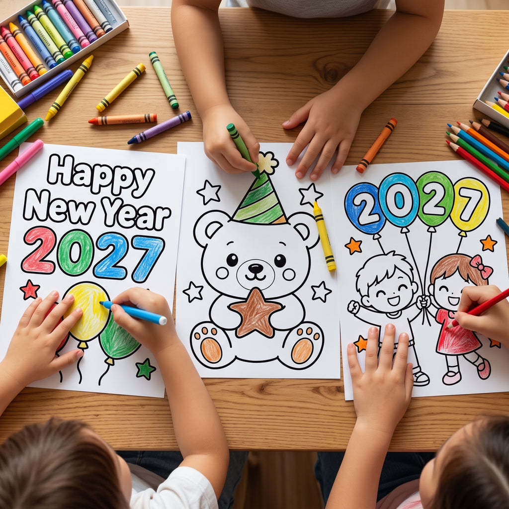 New Year 2027 Coloring Pages for Kids, 26 Printable Happy New Year Colouring Sheets, New Years Eve Party Activity, Winter Classroom Printable