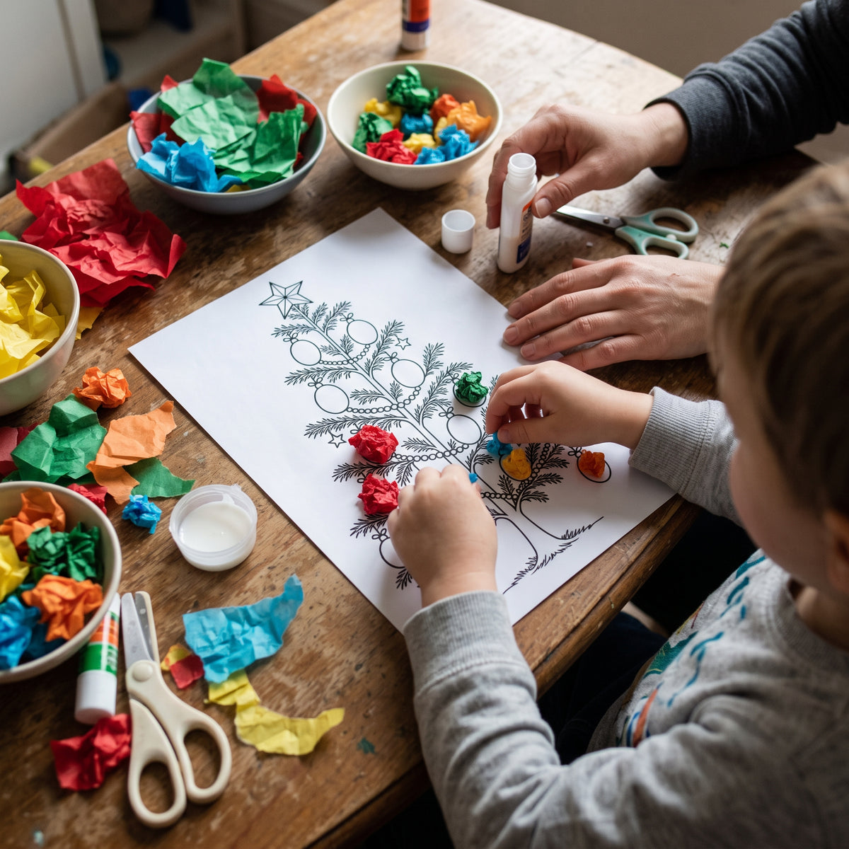 Christmas Tree Craft Printable for Kids, Fingerprint Dot Marker Play Dough Pom Pom Tissue Paper Paint Activity, Preschool Christmas