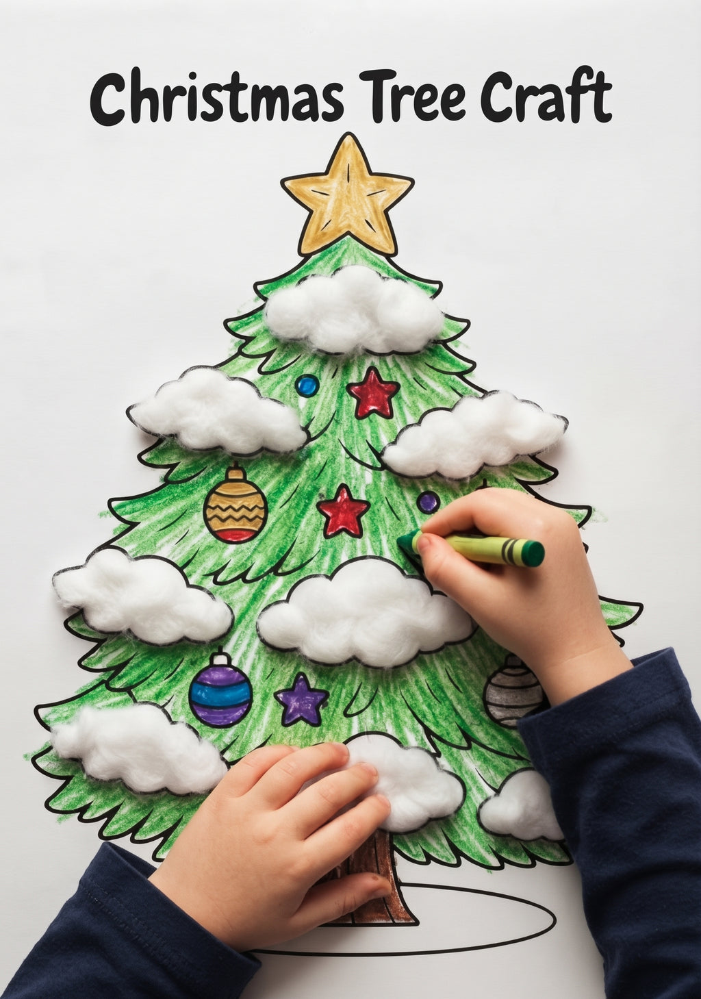 Christmas Tree Cotton Ball Craft | Christmas Coloring Page for Kids | Winter Fine Motor Activity | Preschool Printable
