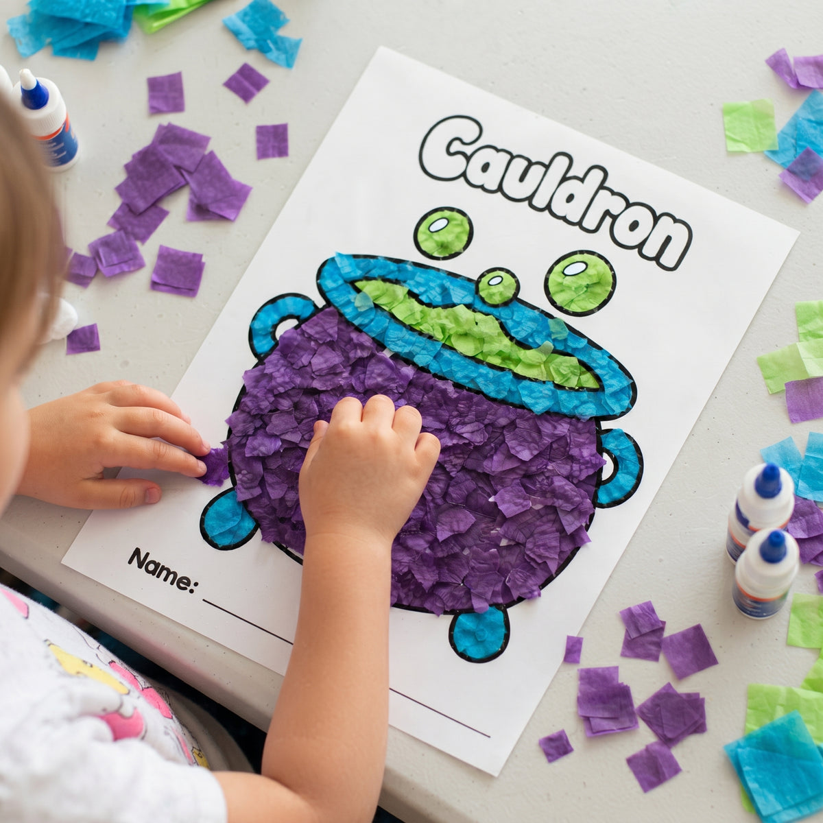 Halloween Tissue Paper Craft for Kids, 6 Printable Halloween Templates, Preschool Fine Motor Activity, Pumpkin Witch Bat Spider Monster Craft