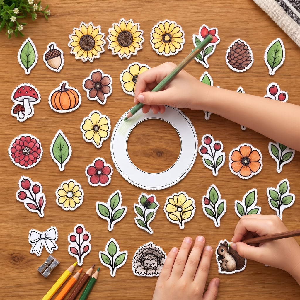 Autumn Wreath Craft Printable, Fall Leaves & Flowers Cut Out Template, Kids Coloring Activity