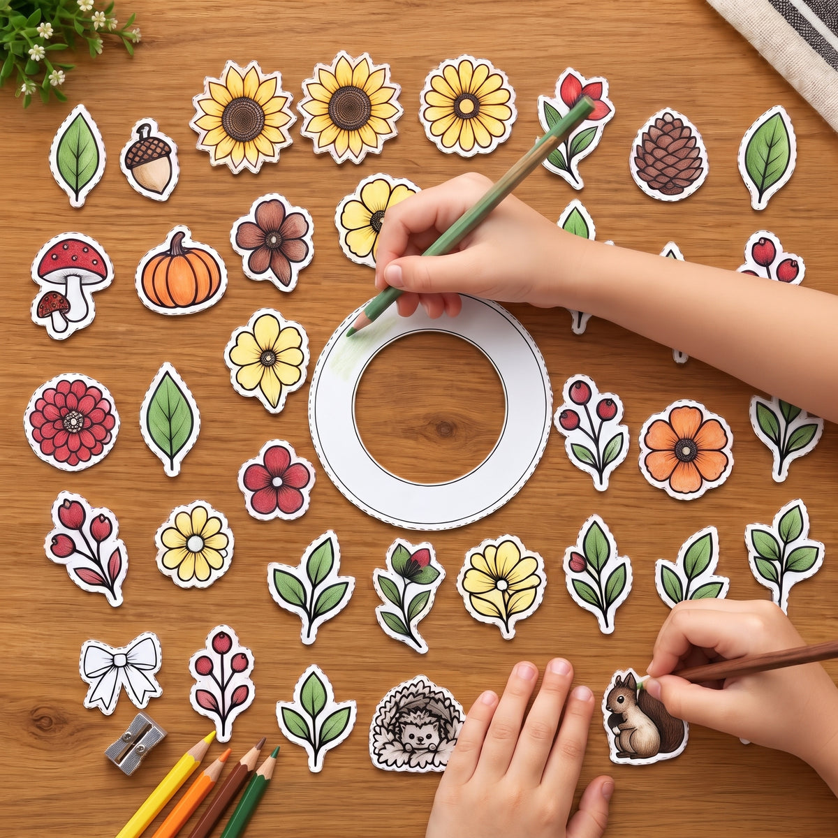 Autumn Wreath Craft Printable, Fall Leaves & Flowers Cut Out Template, Kids Coloring Activity
