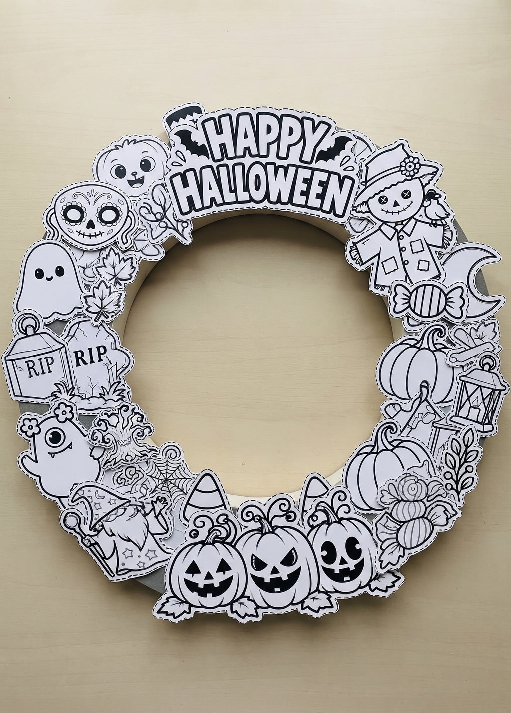 Halloween Wreath Craft for Kids, Printable Cut and Paste Wreath, Halloween Cutouts, Color Cut Glue Activity, Preschool Classroom Craft