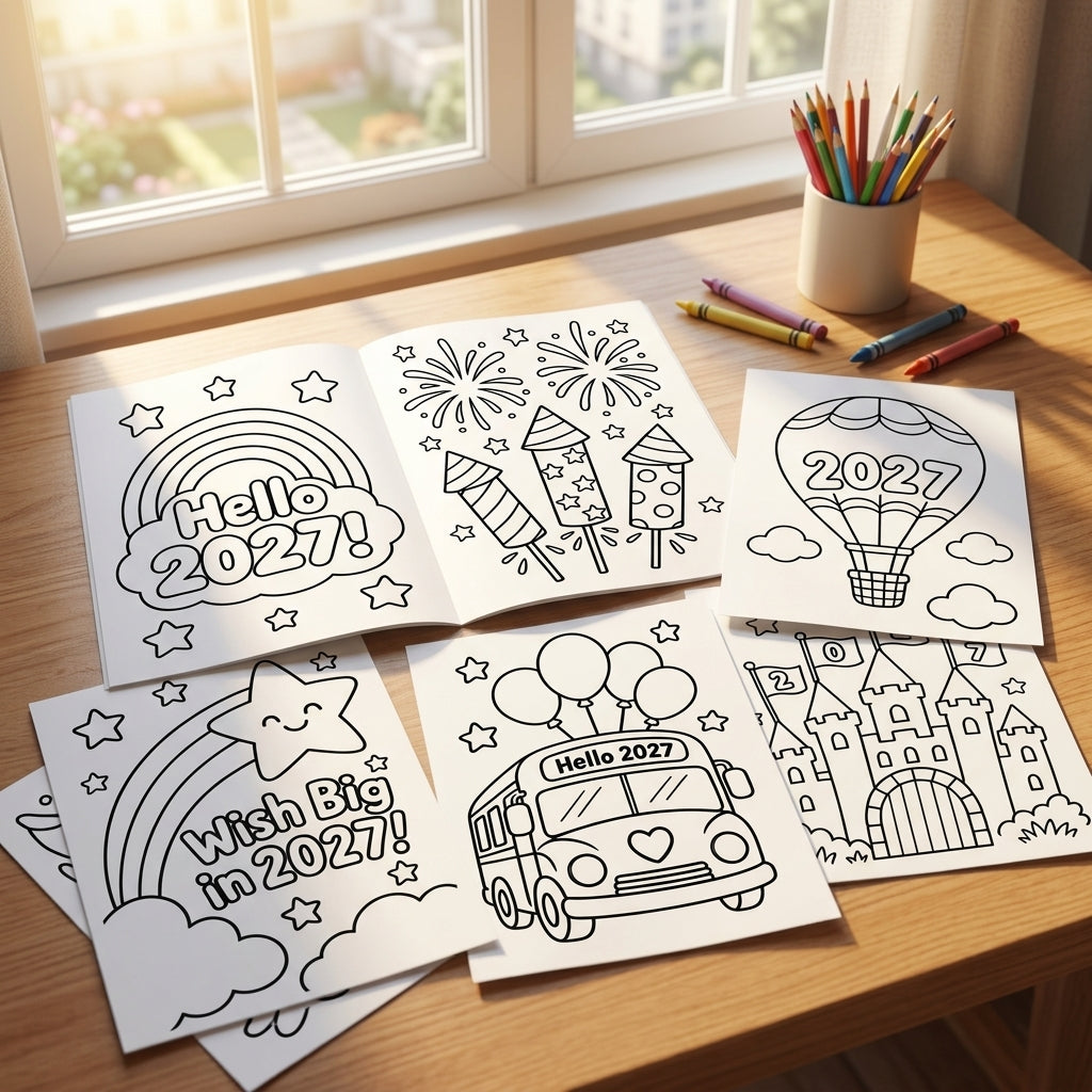 New Year 2027 Coloring Pages for Kids, 26 Printable Happy New Year Colouring Sheets, New Years Eve Party Activity, Winter Classroom Printable