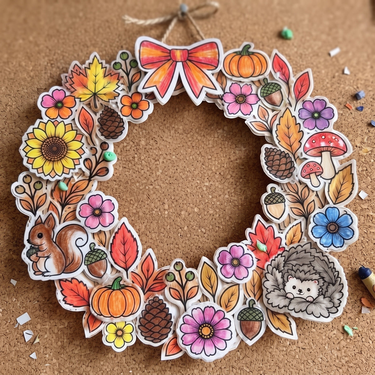 Autumn Wreath Craft Printable, Fall Leaves & Flowers Cut Out Template, Kids Coloring Activity