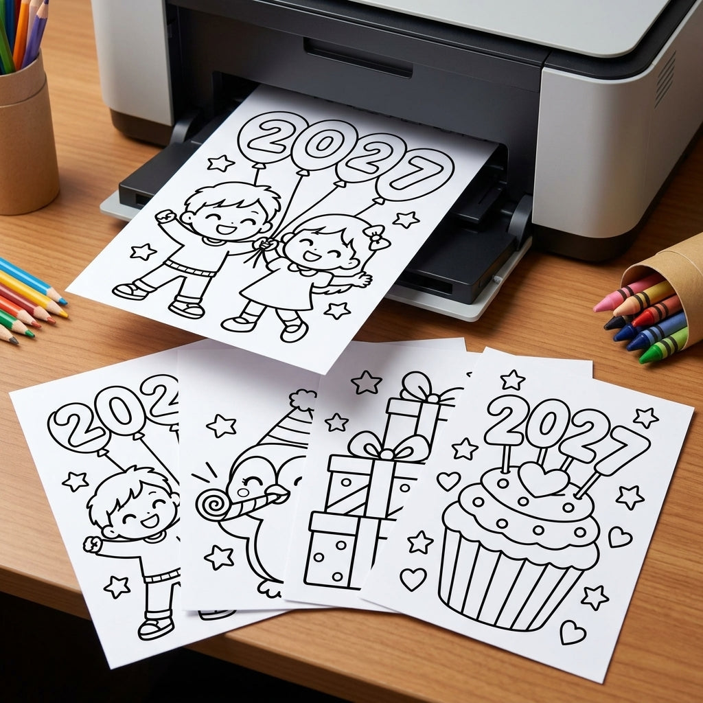 New Year 2027 Coloring Pages for Kids, 26 Printable Happy New Year Colouring Sheets, New Years Eve Party Activity, Winter Classroom Printable