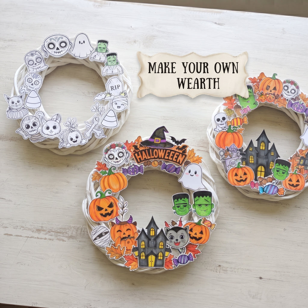 Halloween Wreath Craft for Kids, Printable Cut and Paste Wreath, Halloween Cutouts, Color Cut Glue Activity, Preschool Classroom Craft