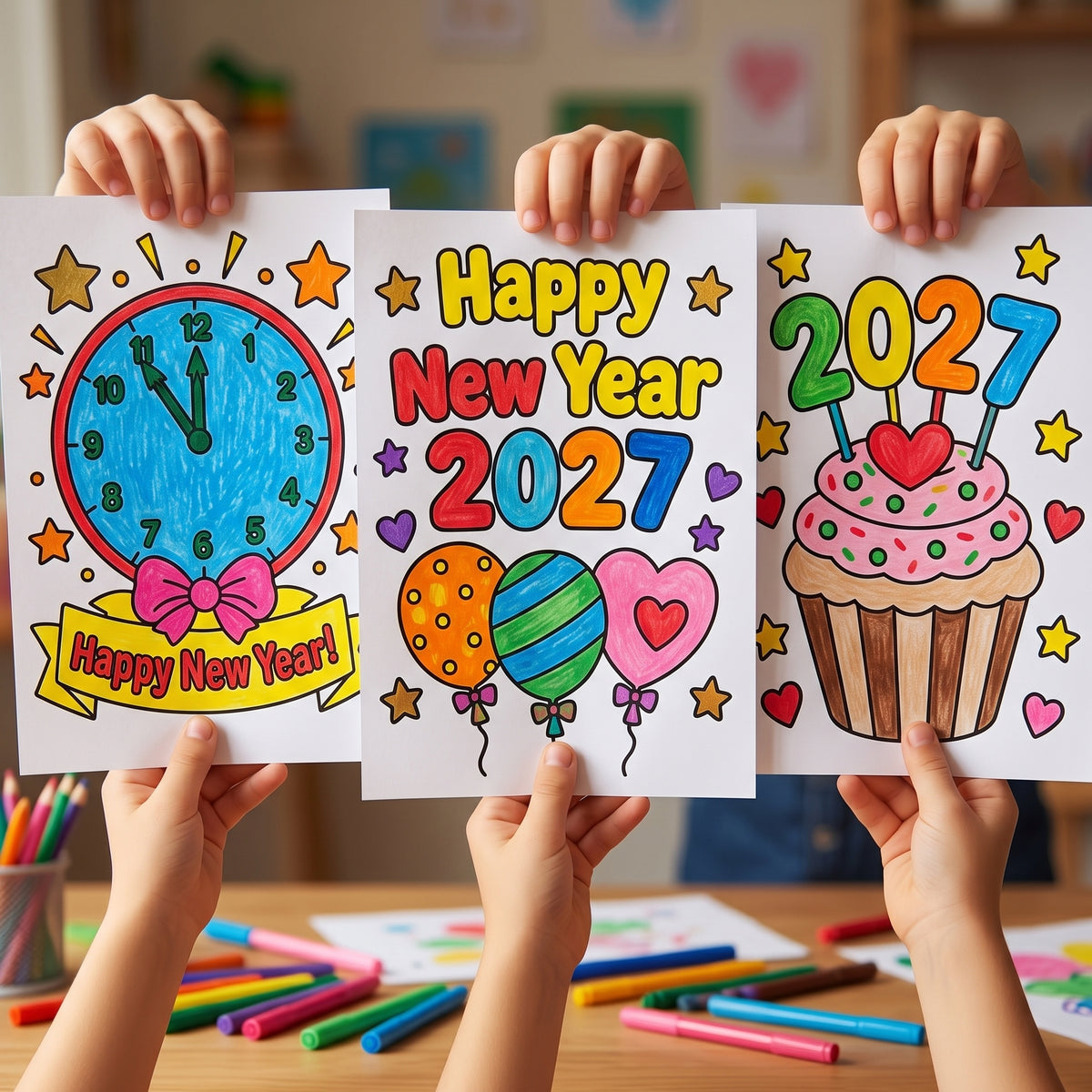 New Year 2027 Coloring Pages for Kids, 26 Printable Happy New Year Colouring Sheets, New Years Eve Party Activity, Winter Classroom Printable
