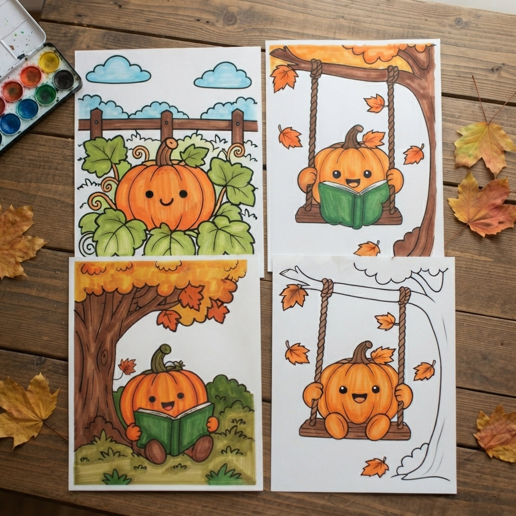 Pumpkin Coloring Pages for Kids, 20 Fall & Halloween Coloring Sheets, Cute Autumn Pumpkin Coloring Book, Preschool Harvest Activity