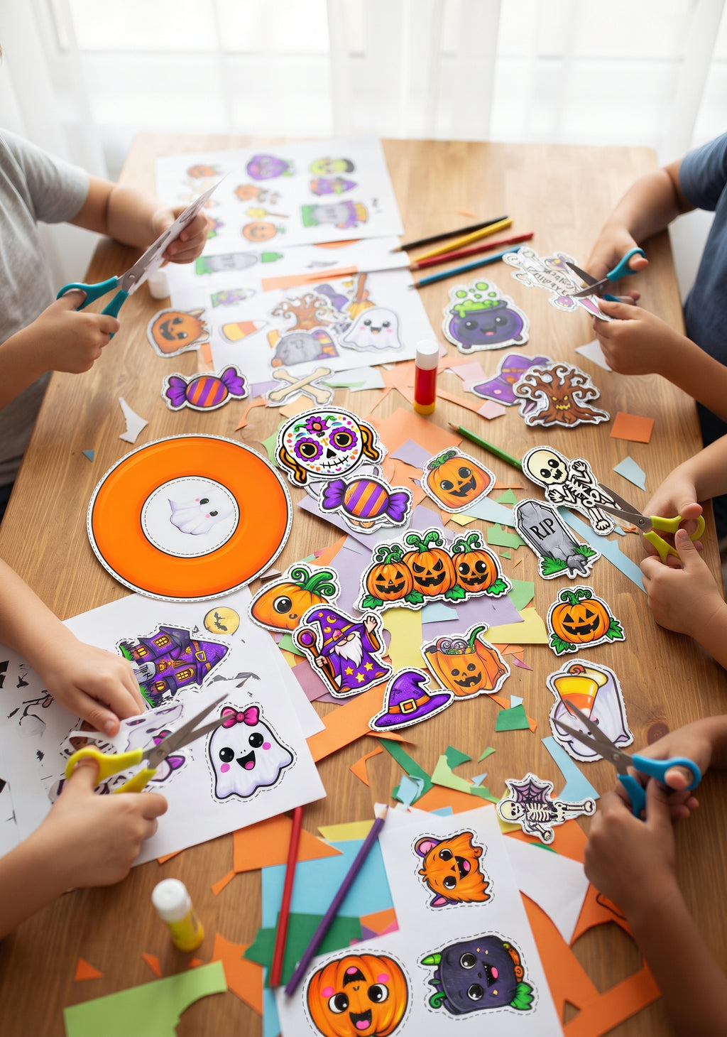 Halloween Wreath Craft for Kids, Printable Cut and Paste Activity, 7-Page Halloween Cutouts, Preschool Classroom Craft