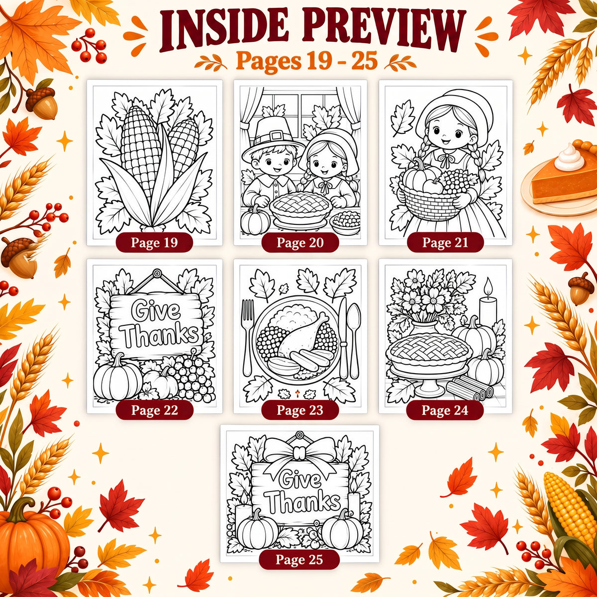 Thanksgiving Coloring Pages for Kids, 25 Printable Thanksgiving Colouring Sheets, Fall Harvest Activity, Turkey Pumpkin Coloring Book