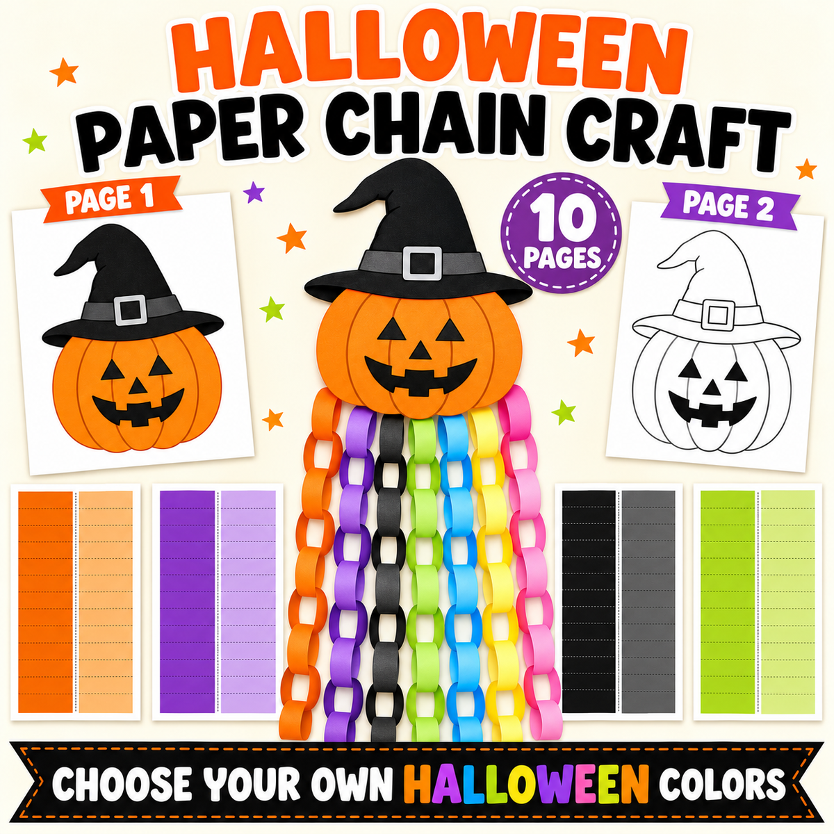 Halloween Paper Chain Craft Printable for Kids, Pumpkin Witch Paper Chain Garland, Halloween Classroom Decoration, Cut and Glue Activity