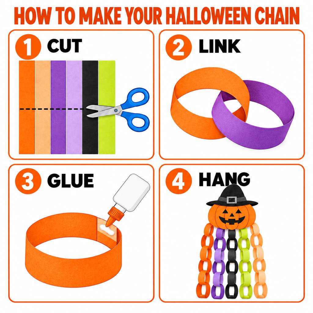Halloween Paper Chain Craft Printable for Kids, Pumpkin Witch Paper Chain Garland, Halloween Classroom Decoration, Cut and Glue Activity