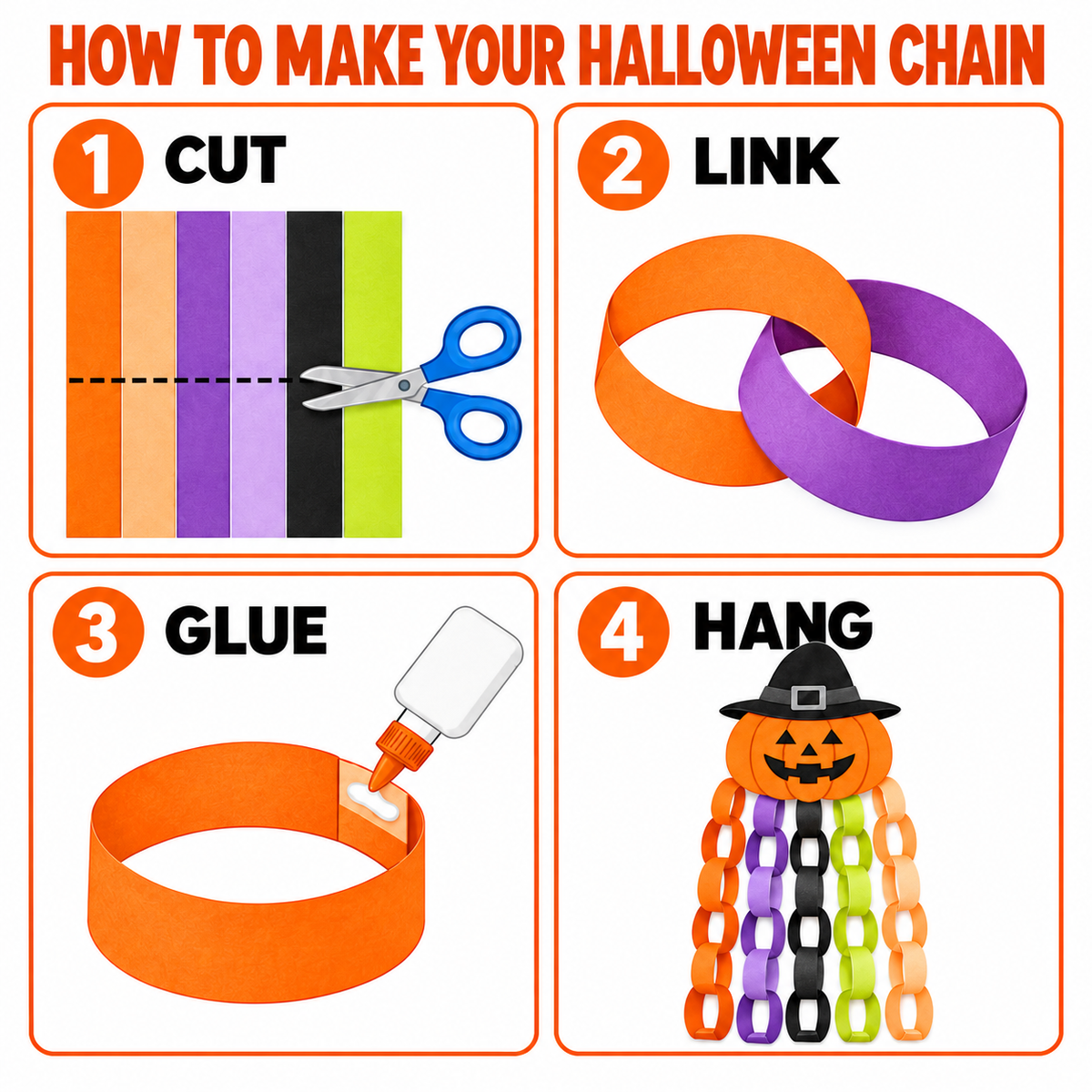 Halloween Paper Chain Craft Printable for Kids, Pumpkin Witch Paper Chain Garland, Halloween Classroom Decoration, Cut and Glue Activity