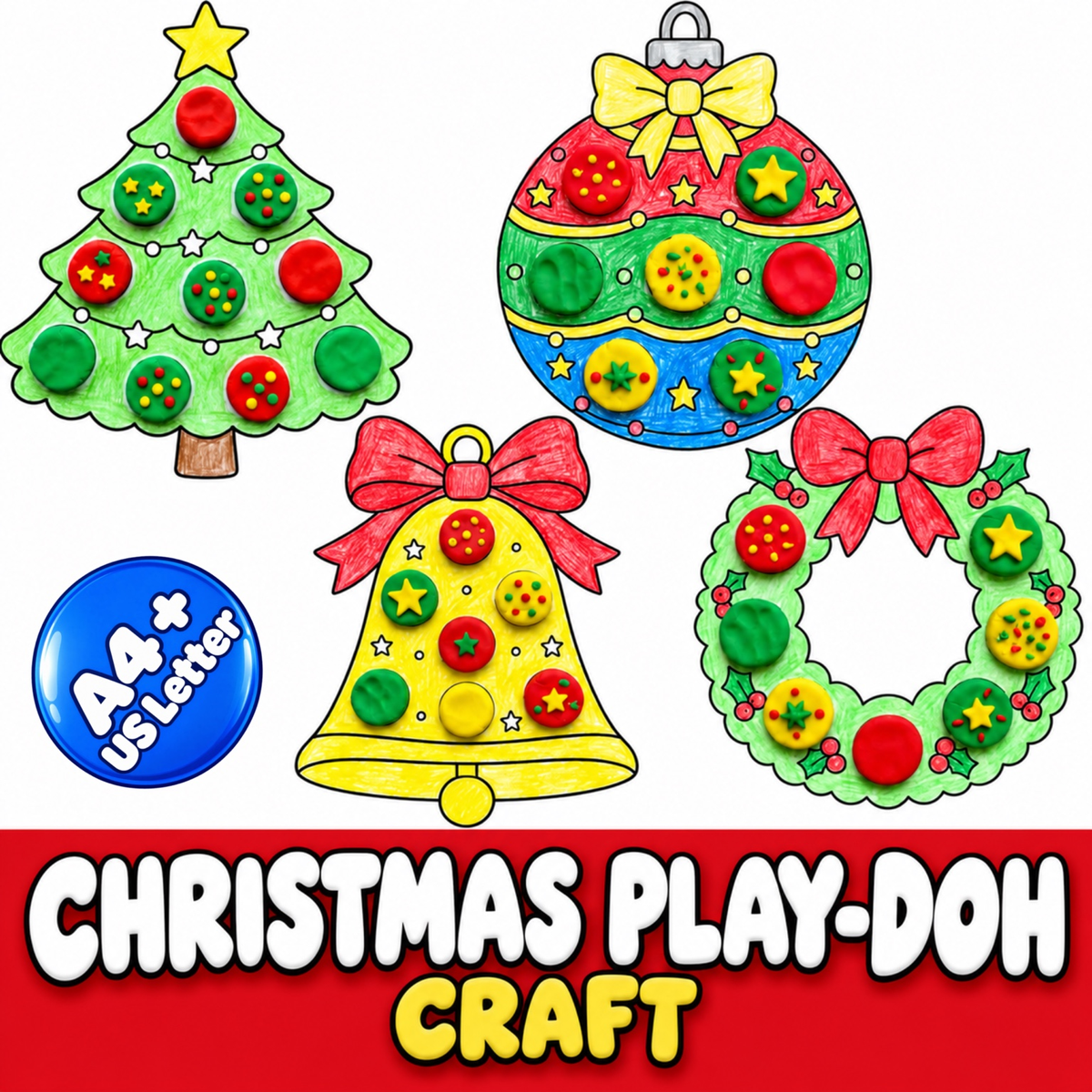 Christmas Craft for Kids, Christmas Tree Wreath Bauble Bell Activity, Kids Christmas Party, Xmas Classroom Activity, Playdough Craft