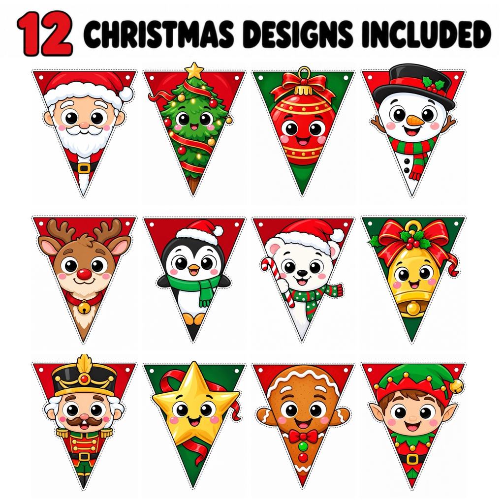 Christmas Character Banner Printable, Christmas Pennant Garland, Christmas Bunting, Classroom Bulletin Board & Door Decor