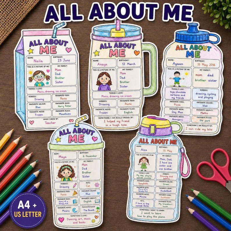 All About Me Printable, Back to School Activity, First Day of School Worksheet, Student Questionnaire, Classroom Bulletin Board Display