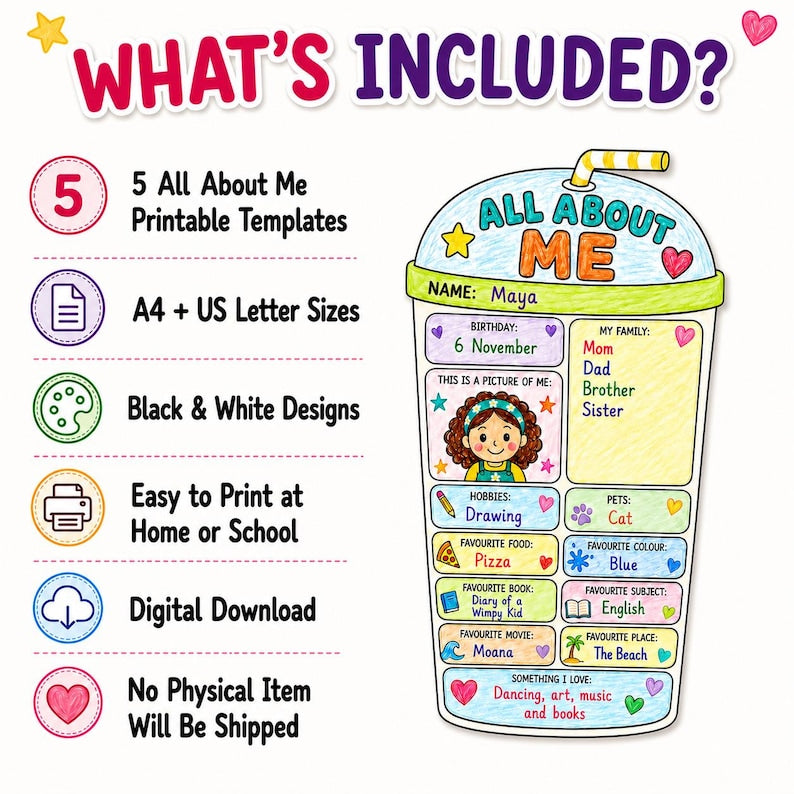 All About Me Printable, Back to School Activity, First Day of School Worksheet, Student Questionnaire, Classroom Bulletin Board Display