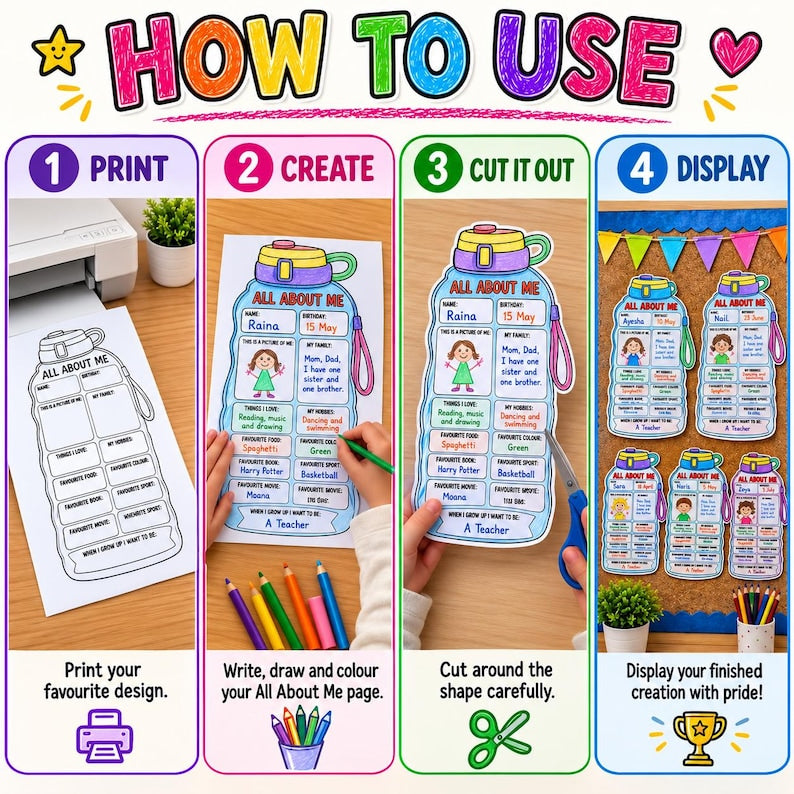 All About Me Printable, Back to School Activity, First Day of School Worksheet, Student Questionnaire, Classroom Bulletin Board Display