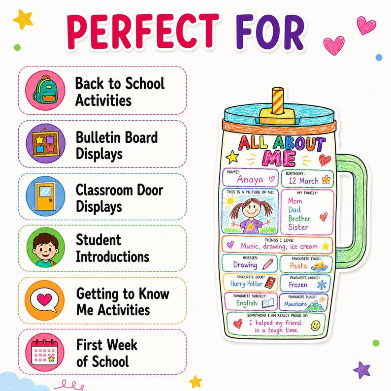 All About Me Printable, Back to School Activity, First Day of School Worksheet, Student Questionnaire, Classroom Bulletin Board Display