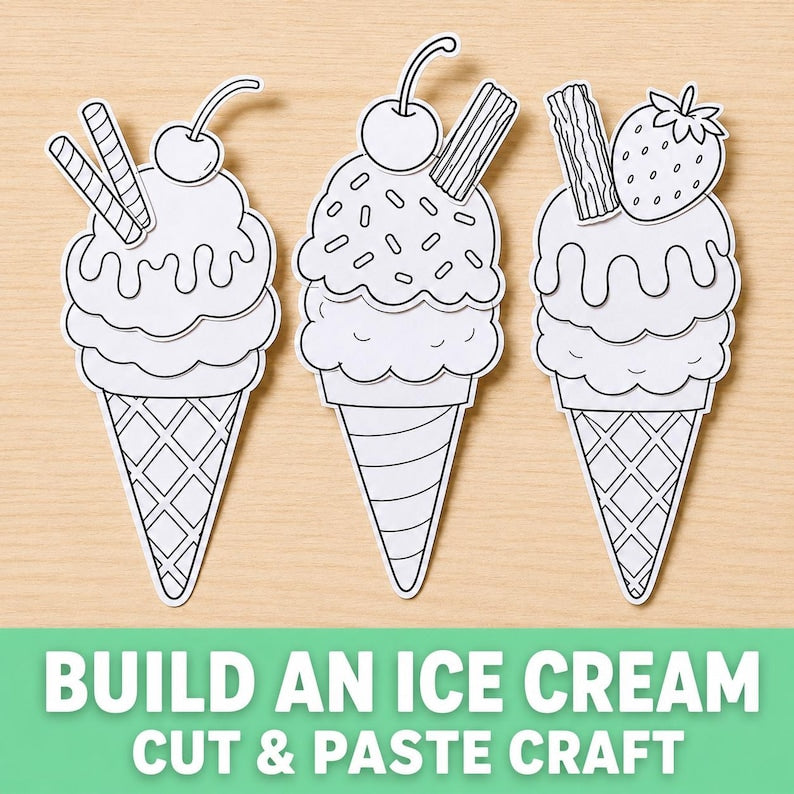 Cream Cut and Paste Craft Printable, Build an Ice Cream Coloring Activity, Kids Summer Craft, Preschool Classroom Worksheet,