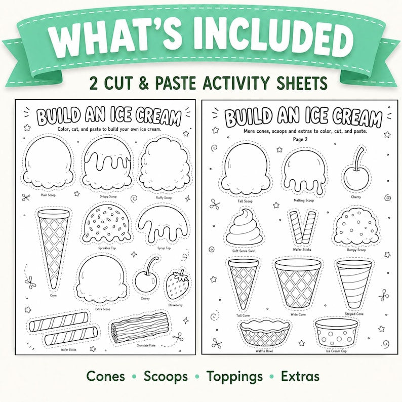 Cream Cut and Paste Craft Printable, Build an Ice Cream Coloring Activity, Kids Summer Craft, Preschool Classroom Worksheet,