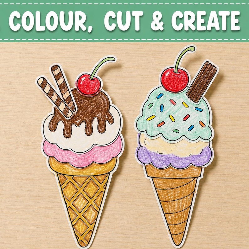 Cream Cut and Paste Craft Printable, Build an Ice Cream Coloring Activity, Kids Summer Craft, Preschool Classroom Worksheet,