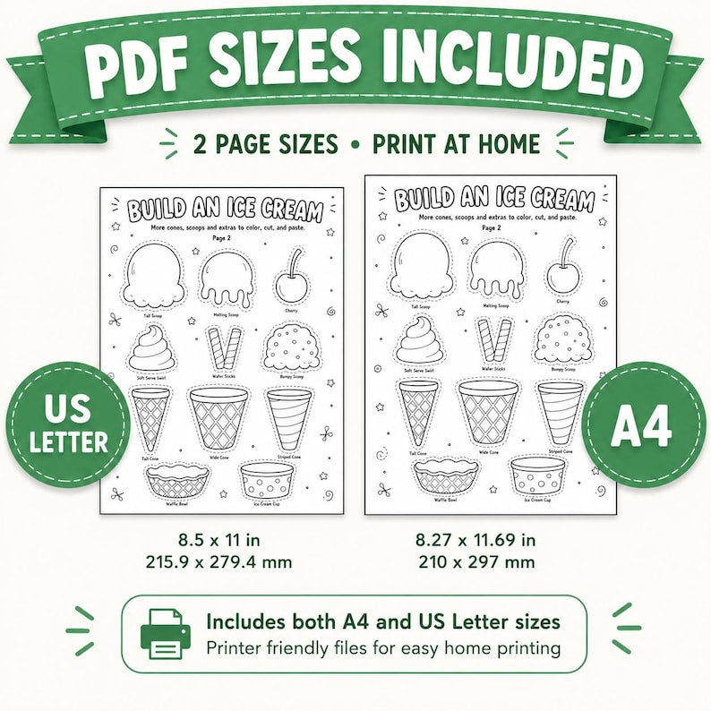 Cream Cut and Paste Craft Printable, Build an Ice Cream Coloring Activity, Kids Summer Craft, Preschool Classroom Worksheet,