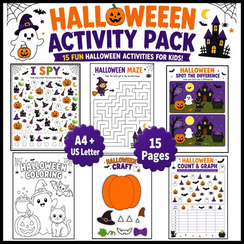Halloween Activity Pack for Kids, Halloween Party Games, 15 Printable Worksheets and Games, I Spy, Maze, Word Search, Coloring, Craft PDF