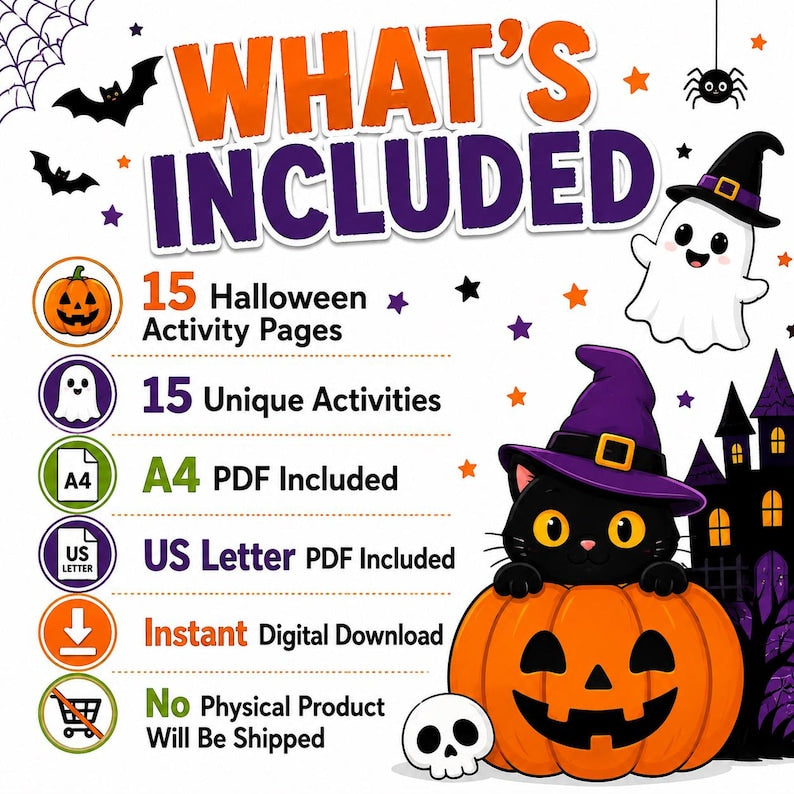Halloween Activity Pack for Kids, Halloween Party Games, 15 Printable Worksheets and Games, I Spy, Maze, Word Search, Coloring, Craft PDF