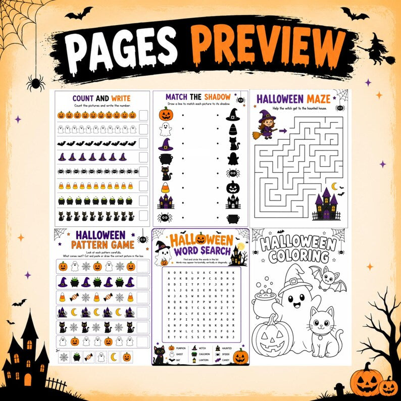 Halloween Activity Pack for Kids, Halloween Party Games, 15 Printable Worksheets and Games, I Spy, Maze, Word Search, Coloring, Craft PDF