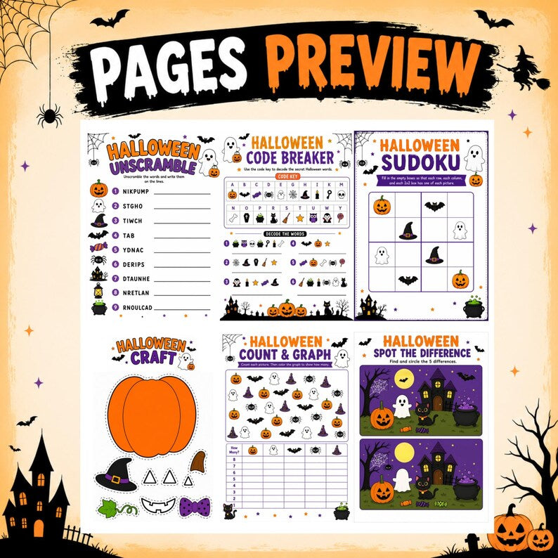 Halloween Activity Pack for Kids, Halloween Party Games, 15 Printable Worksheets and Games, I Spy, Maze, Word Search, Coloring, Craft PDF