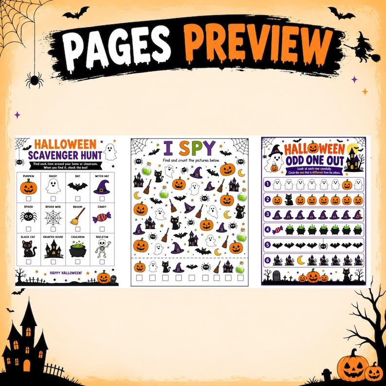 Halloween Activity Pack for Kids, Halloween Party Games, 15 Printable Worksheets and Games, I Spy, Maze, Word Search, Coloring, Craft PDF