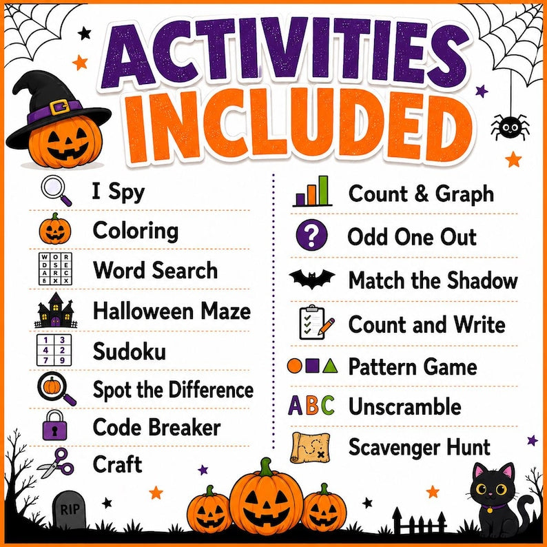 Halloween Activity Pack for Kids, Halloween Party Games, 15 Printable Worksheets and Games, I Spy, Maze, Word Search, Coloring, Craft PDF