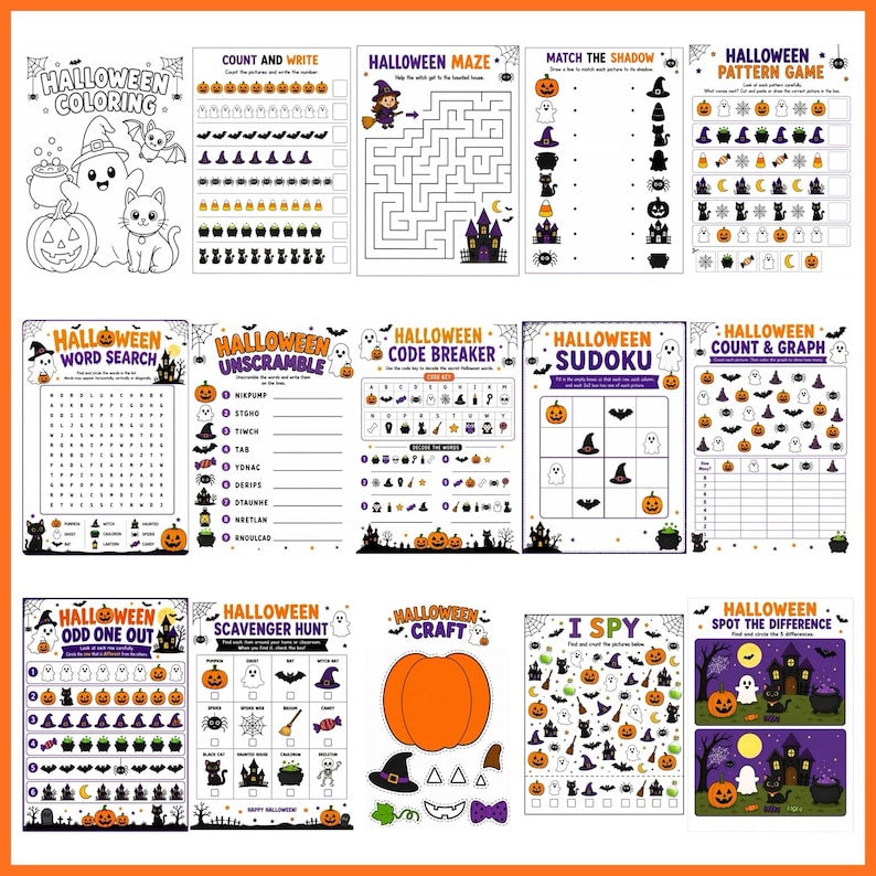 Halloween Activity Pack for Kids, Halloween Party Games, 15 Printable Worksheets and Games, I Spy, Maze, Word Search, Coloring, Craft PDF