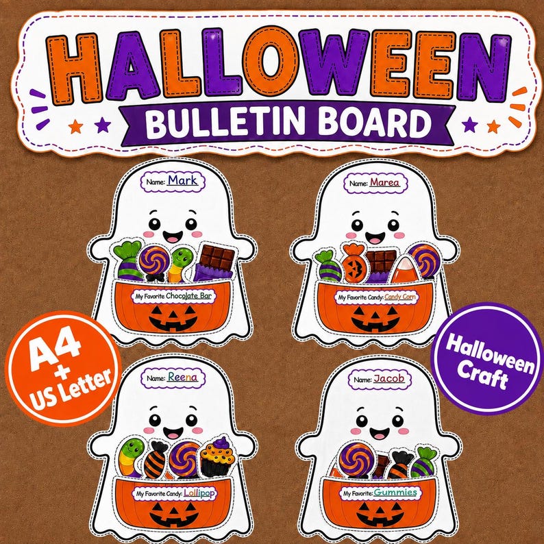 Halloween Bulletin Board Craft | Trick or Treat Ghost Candy Pouch | Printable Halloween Classroom Activity